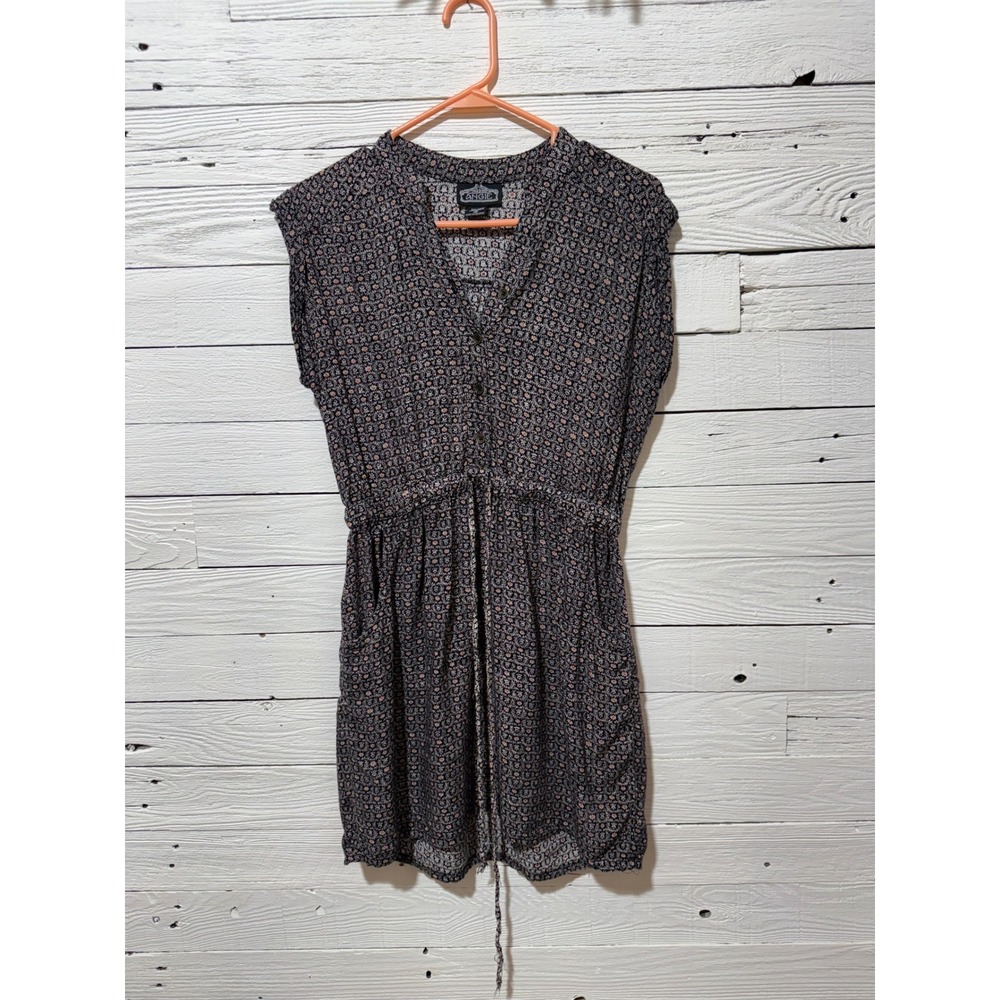 Angie Boho Floral Print Mini Dress Sleeveless Drawstring Waist Pockets Navy M